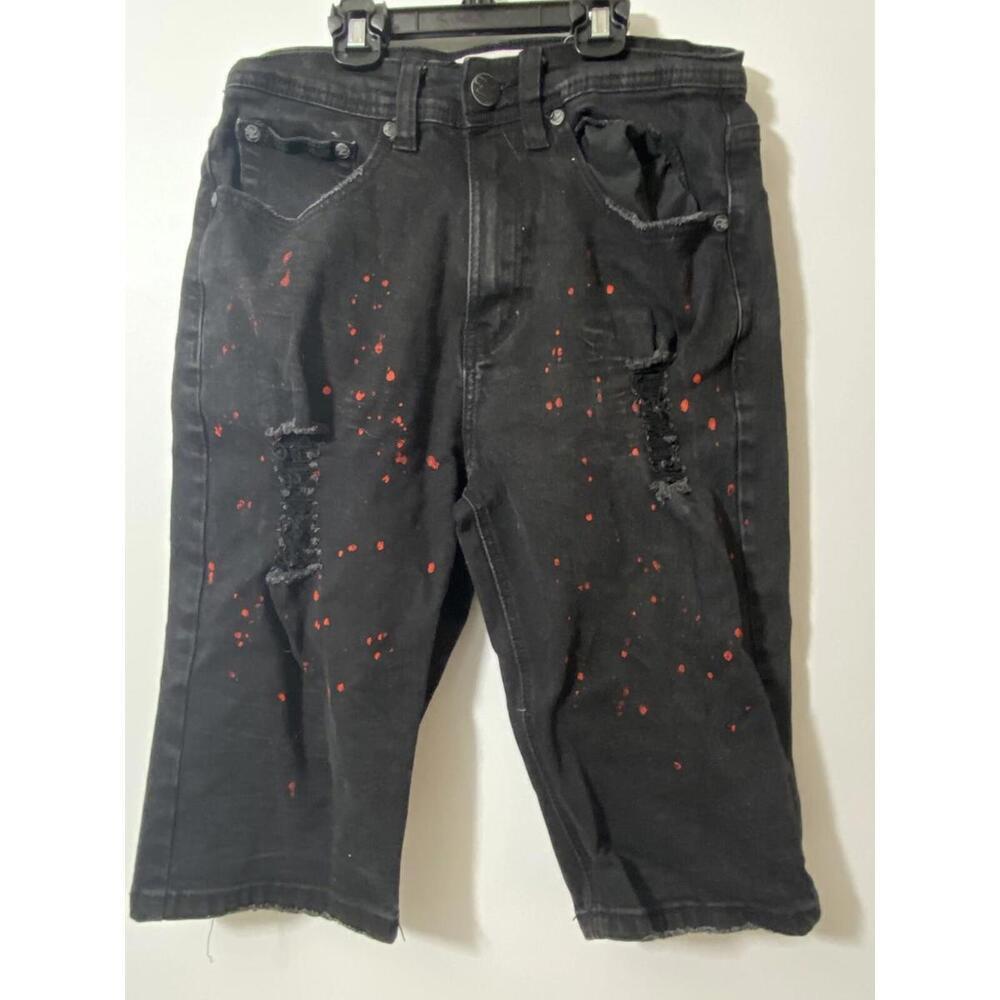 Blind Trust Black Red Denim Shorts Paint Splatter Distressed Stretch Men Size 30